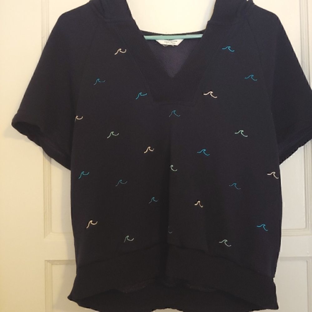 Splendid X Gray Malin Short Sleeve Wave Embroidered Active Hoodie Navy Size XS